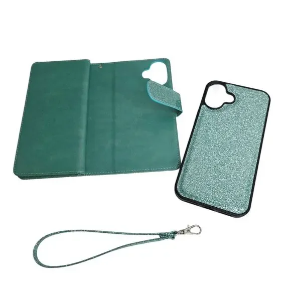 iPhone 16 Plus Turquoise Glitter Phone Case With Detachable Wallet Card Holder - Picture 1 of 16
